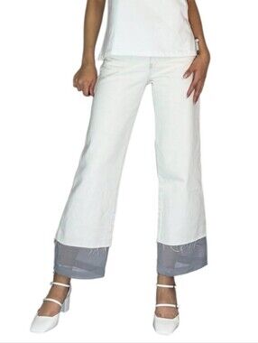 NWOT Zara Raw Hem Denim Jeans with Fabric Trim Ankle Cropped 4 Small Off White
